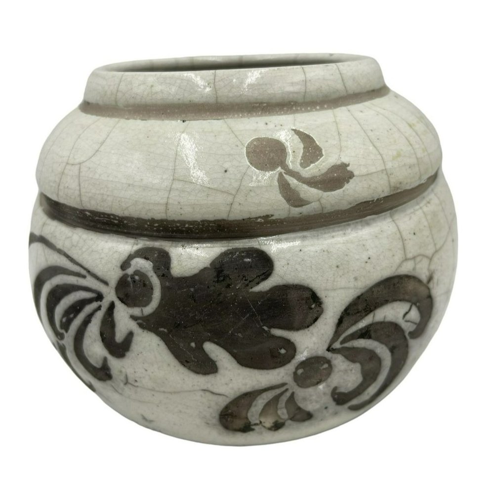 Vintage Raku Fired Charred Art Pottery Vase Planter Cream Brown Whimsical Design